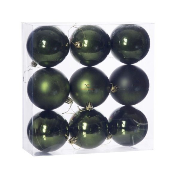 Gömbdísz , dobozban műanyag 8cm sötét zöld 3 féle 9 db-os Karácsonyfa gömb