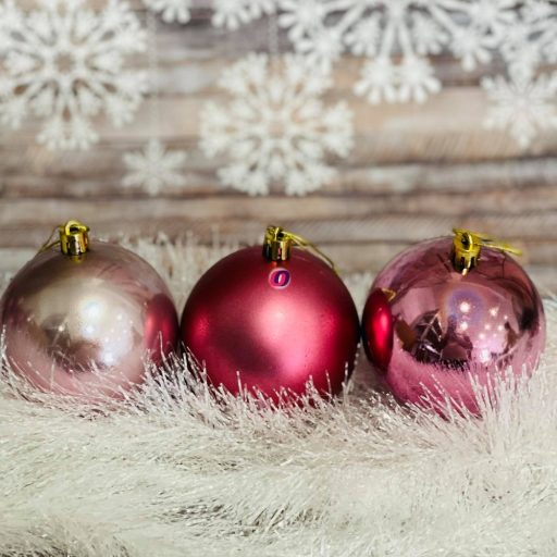 Gömbdísz, dobozban műanyag 8cm pink 3 féle 9 db-os Karácsonyfa gömb