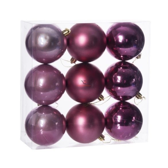Gömbdísz , dobozban műanyag 8cm pink 3 féle 9 db-os Karácsonyfa gömb