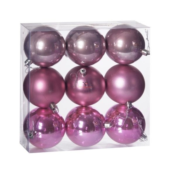 Gömbdísz , dobozban műanyag 8cm rózsaszín 3 féle 9 db-os Karácsonyfa gömb - DD51274
