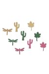 Szitakötő,kaktusz,levél fa 3cm rózsaszín,zöld,natúr 18 db/szett