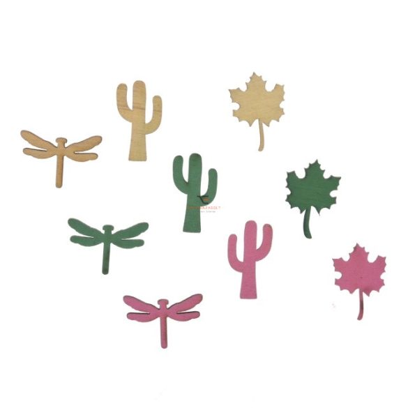 Szitakötő,kaktusz,levél fa 3cm rózsaszín,zöld,natúr 18 db/szett