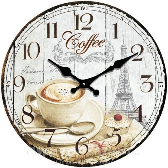 Üveg óra kerek világos kávé mintás 30cm Coffe Paris