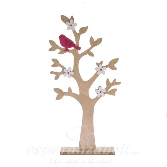 Díszfa madárral,virággal álló fa 20*5*41cm rózsaszín,natúr