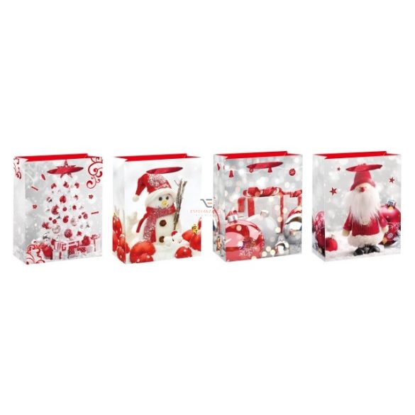 Tasak hóember/karácsonyfa/manó/ajándékdoboz mintával papír 26x32x10,5cm piros, fehér 4 féle