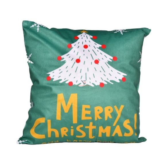 Párnahuzat fenyőfával, felirattal textil 40x40cm zöld karácsonyi kellék