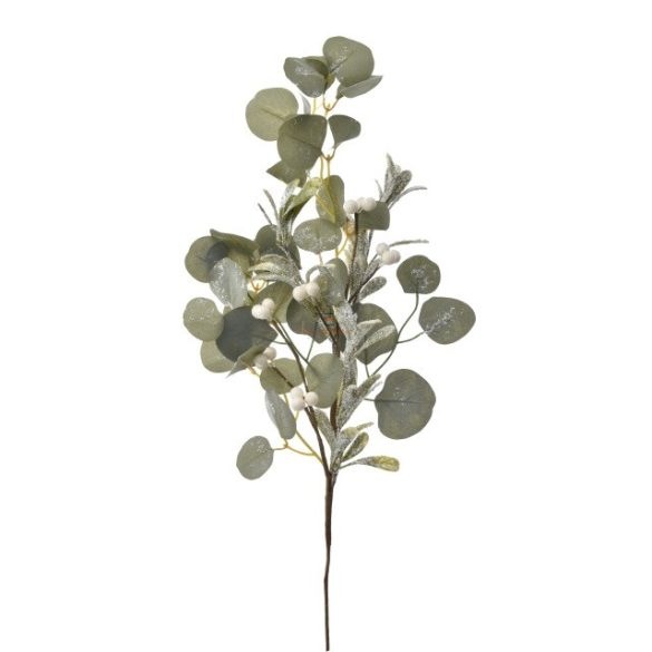 Betűzős eukaliptusz, fagyönggyel, glitteres műanyag 71 cm zöld, fehér