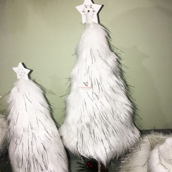 Fenyő dekoráció szőrmével textil, fa 24 cm ezüst karácsonyi álló dísz