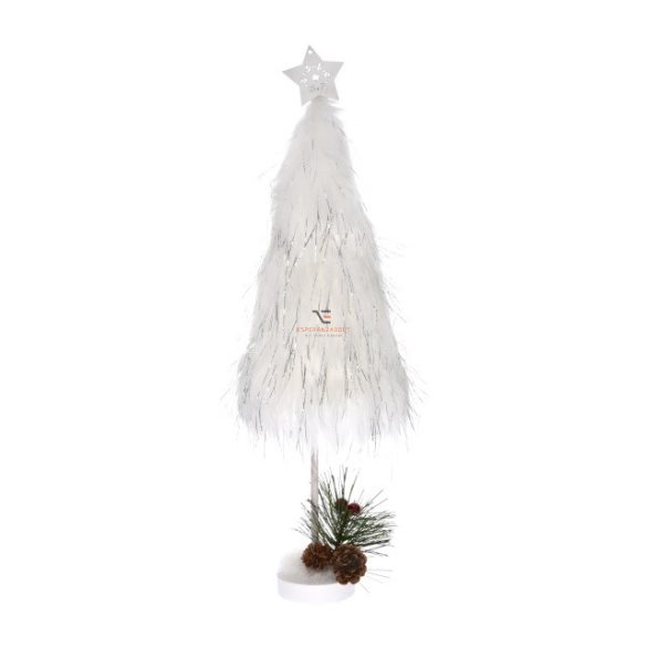 Fenyő dekoráció szőrmével textil, fa 39 cm ezüst karácsonyi álló dísz
