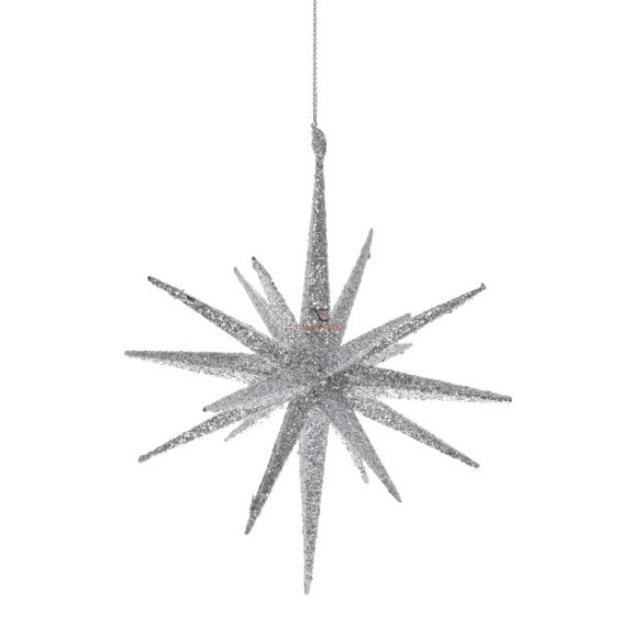 Csillag glitteres akasztós műanyag 15 cm ezüst glitteres karácsonyfadísz