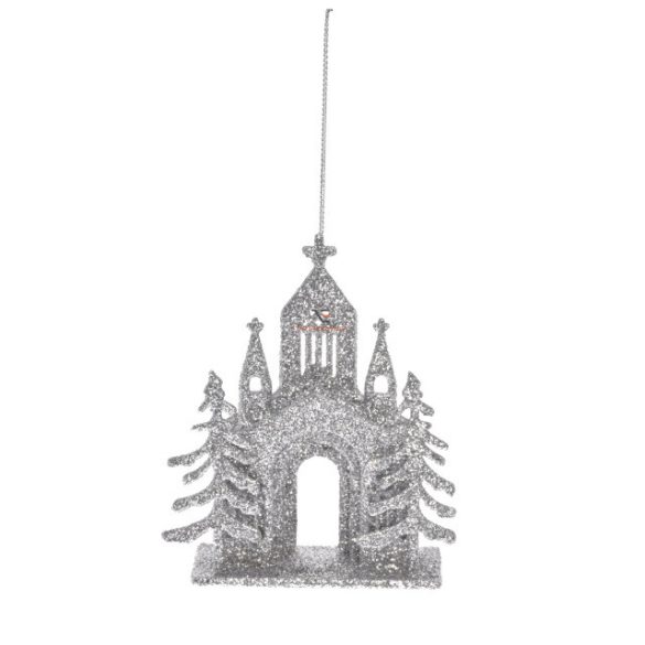 Templom glitteres akasztós műanyag 9x12 cm ezüst glitteres karácsonyfadísz