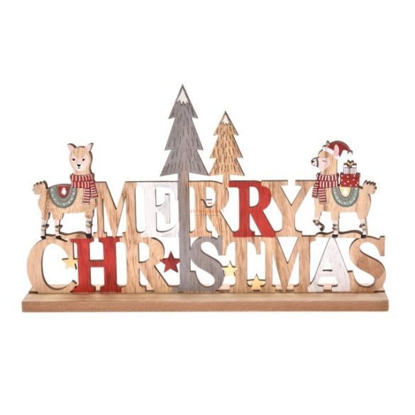 Karácsonyi felirat lámával fa 30x5x18.5cm natúr,piros karácsonyi álló dísz