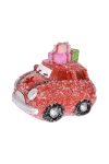 Autó ajándékdobozokkal ledes, poly 9x7,5x8 cm piros karácsonyi autó