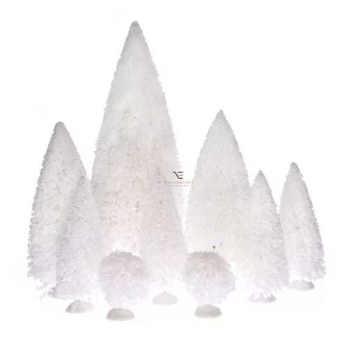 Fenyő dekoráció műanyag 4db 11cm,2db 5cm,2db 14cm,1db 22cm fehér 9 db-os karácsonyi falu kellék