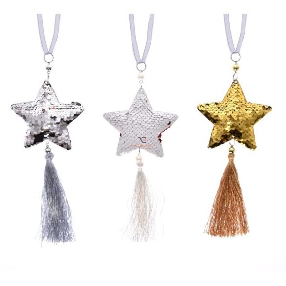 Csillag flitteres, bojttal, akasztós műanyag 34x10 cm fehér/ezüst/arany 3 féle Flitteres karácsonyfadísz