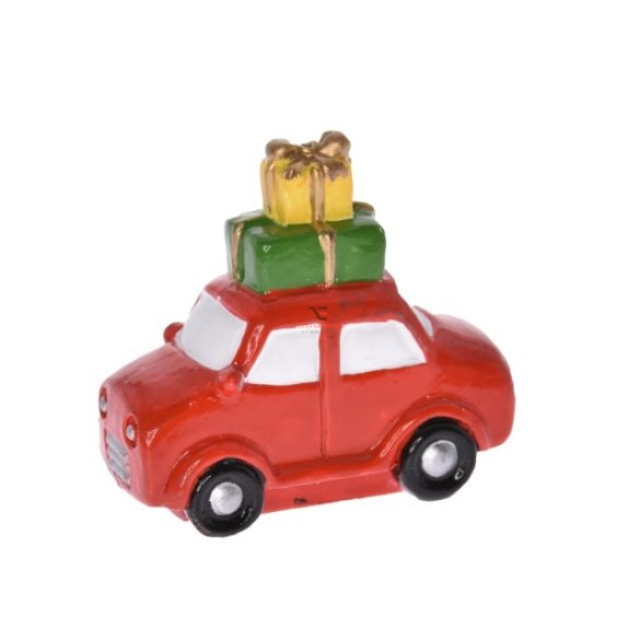 Autó ajándékokkal poly 6x5,5 cm piros karácsonyi autó