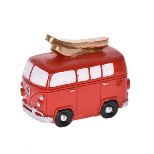 Busz sílécekkel poly 7x5,5 cm piros karácsonyi autó