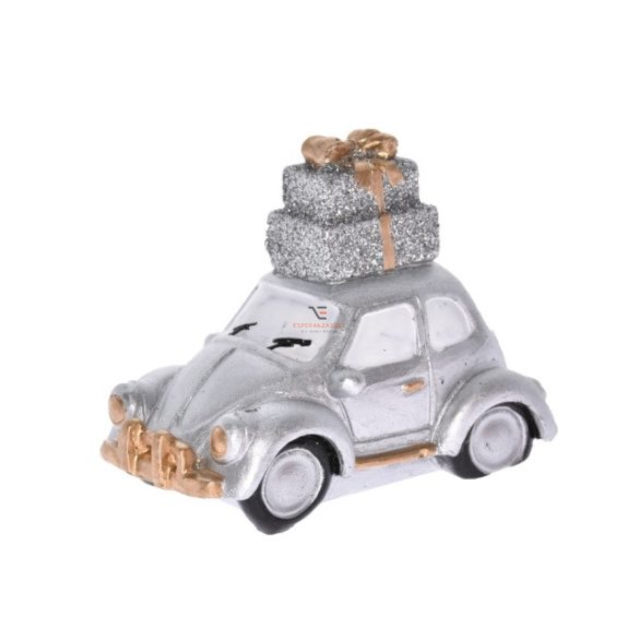 Kocsi ajándékokkal poly 7,5x5,5 cm ezüst karácsonyi autó