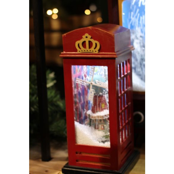 Telefonfülke világító, havazó, zenélő műanyag 15x15x34,5 cm barna karácsonyi figura