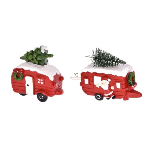Lakókocsi fenyővel, havas tetővel poly 4x8,5x-6,5 piros, fehér 2 féle karácsonyi autó