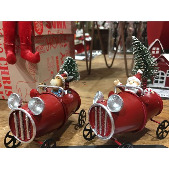 Kocsi fenyővel télapóval/szarvassal fém 5,5x8,5x9,5 piros 2 féle karácsonyi autó