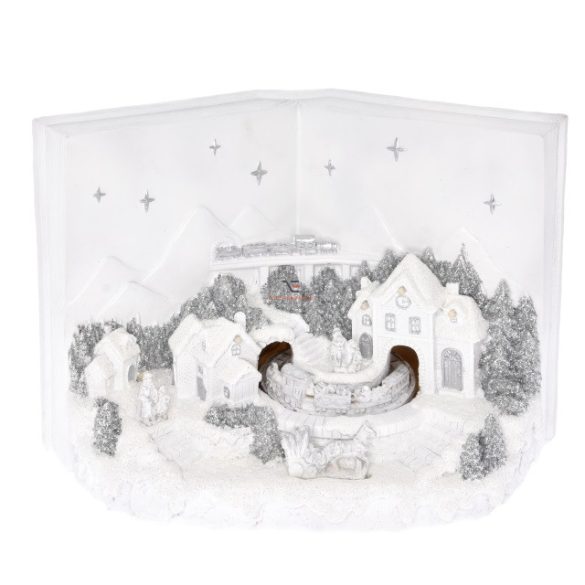 Dioráma könyv karácsonyi jelenettel, mozgó vonattal LEDes, elemes poly 28,5x15,8x20 cm fehér, ezüst karácsonyi falu kellék