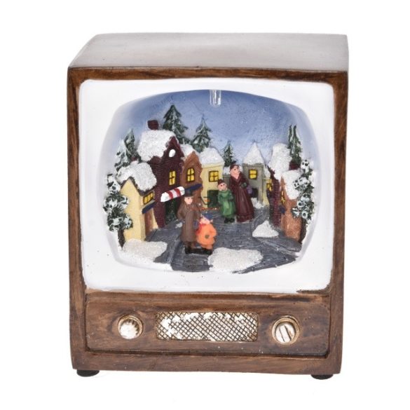 Vintage TV karácsonyi jelenettel LEDes, elemes poly 12,8x5x14,3 cm barna, színes karácsonyi falu kellék