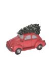 Vintage autó fenyővel, LEDes, elemes poly 11x5,3x7 cm piros, zöld karácsonyi autó