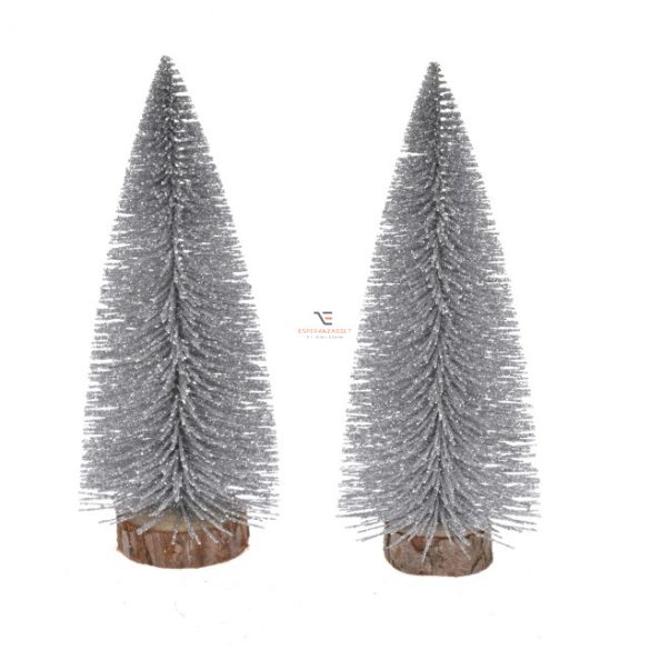 Fenyőfa glitteres műanyag 15cm ezüst 2 db-os karácsonyi falu kellék
