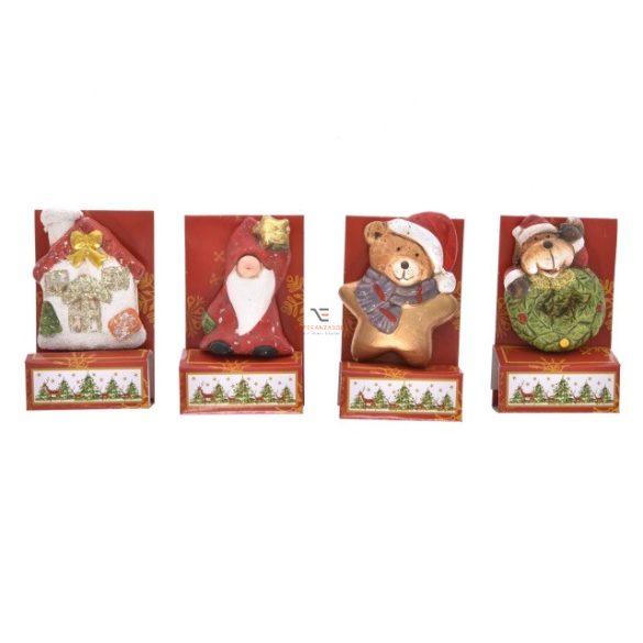Karácsonyi hűtőmágnes figura kerámia 4x4x7cm színes 4 féle dekorációs kiegészítő