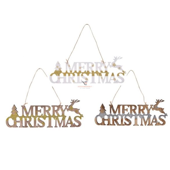 "Merry Christmas" felirat akasztós, szarvassal fa 30x11cm fehér/natúr 3 féle karácsonyi ajtódísz