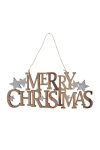 "Merry Christmas" felirat akasztós fa 25,5x10,5cm natúr, ezüst karácsonyi ajtódísz