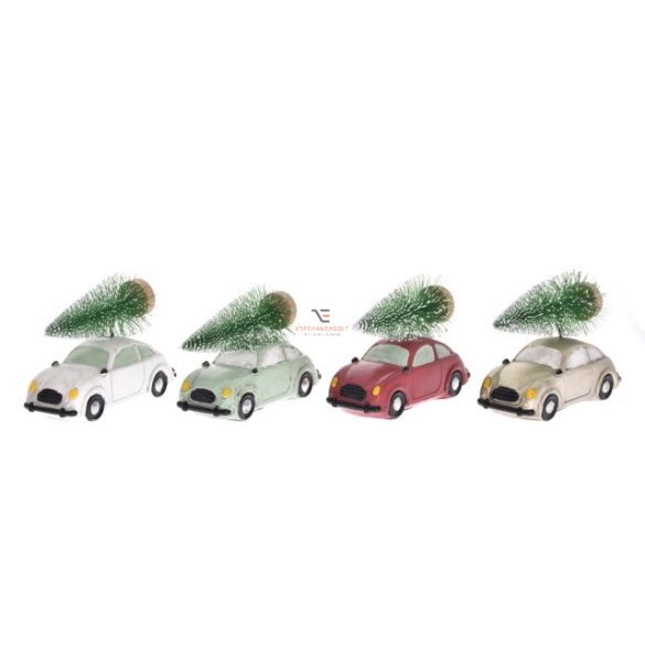Autó fenyőfával poly 12,5x5,5x10cm piros/zöld/arany/ fehér 4 féle karácsonyi autó