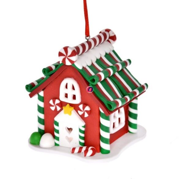 Ház világítással, akasztós agyag 7x7x9 piros, zöld karácsonyi LED figura