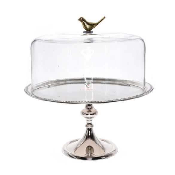 Sütemény tartó üveg búrával, madárral, fém 45x33cm ezüst
