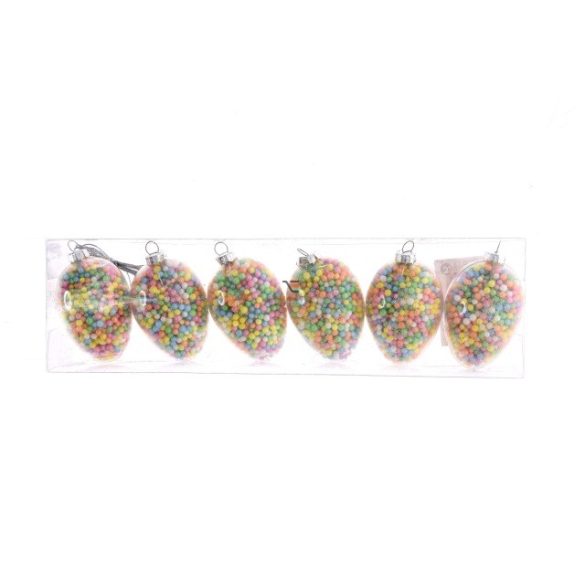 Tojás gyöngyökkel akasztós dekor poly 4x6cm multicolor 6 db/szett