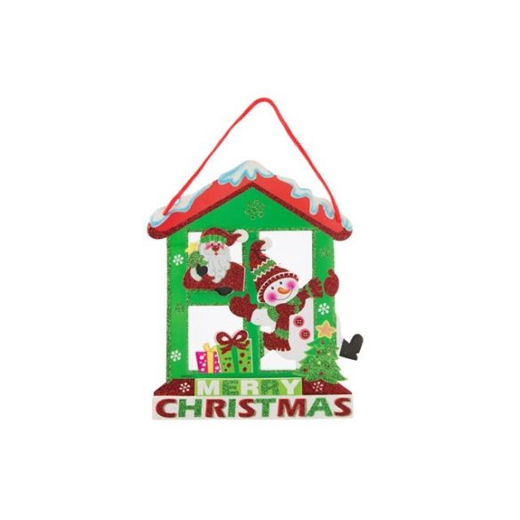 Akasztós dísz glitteres Merry Christmas felirattal hóemberrel polyfoam 25x16cm  zöld, fehér dekorációs kiegészítő