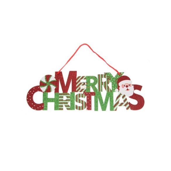 Merry Christmas felirat glitteres akasztós polyfoam 38x12cm piros,zöld,fehér dekorációs kiegészítő