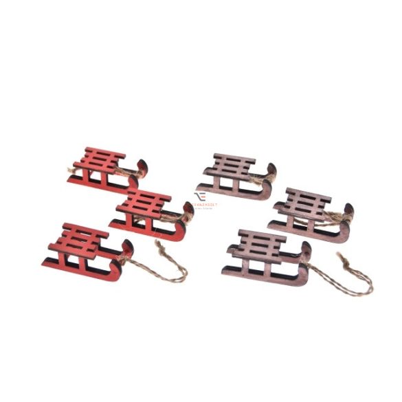Szánkó akasztós dísz fa 6x3cm piros, barna 6db/cs dekorációs kiegészítő