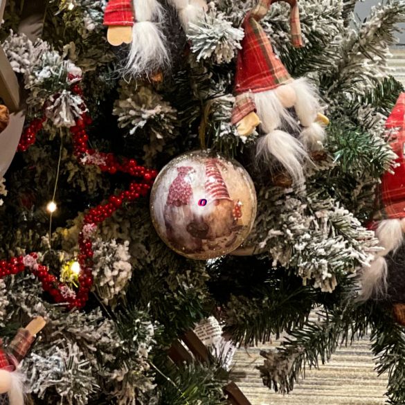 Vintage Karácsonyfa Gömb manókkal glitteres 10 cm fehér
