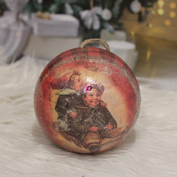 Vintage Karácsonyfa Gömb gyerekkel glitteres 14 cm piros