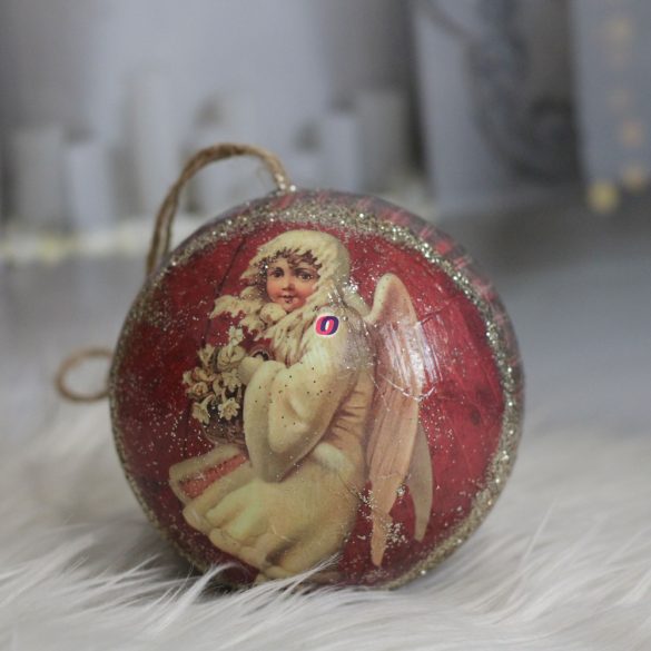Vintage Karácsonyfa Gömb angyallal glitteres 10 cm piros