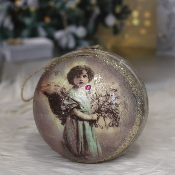 Vintage Karácsonyfa Gömb kékruhás angyallal glitteres 14 cm barna