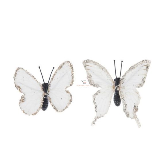 Pillangó csipesszel glitteres papír 5,5 cm fehér 8 db-os szett