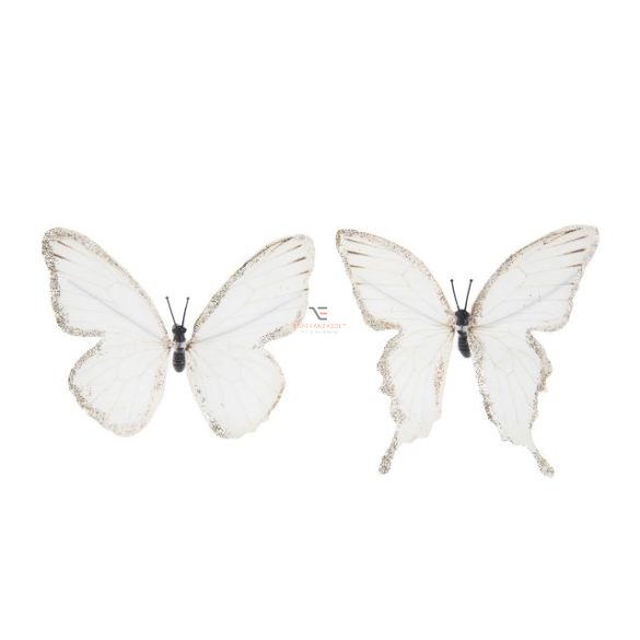 Pillangó csipesszel glitteres papír 11 cm fehér 6  db-os szett