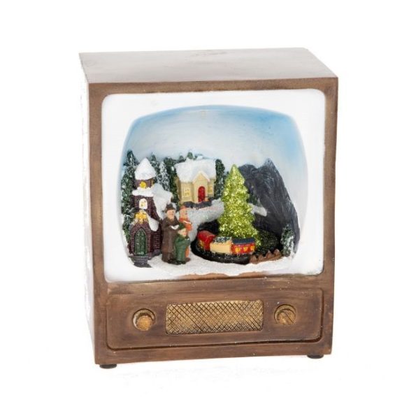 Vintage TV karácsonyi jelenettel,mozgó fenyőfával LEDes, elemes poly 13,8x10x16,5CM színes karácsonyi falu kellék