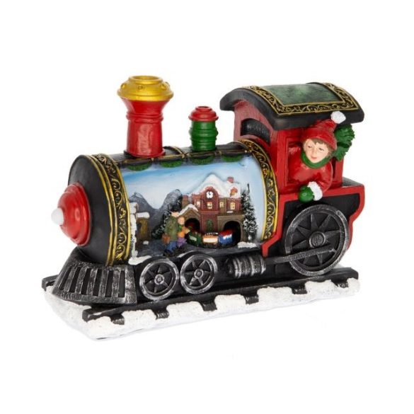 Mozdony karácsonyi jelenettel mozgó vonattal LEDes poly 26,7x12,5x18,5CM színes karácsonyi falu kellék