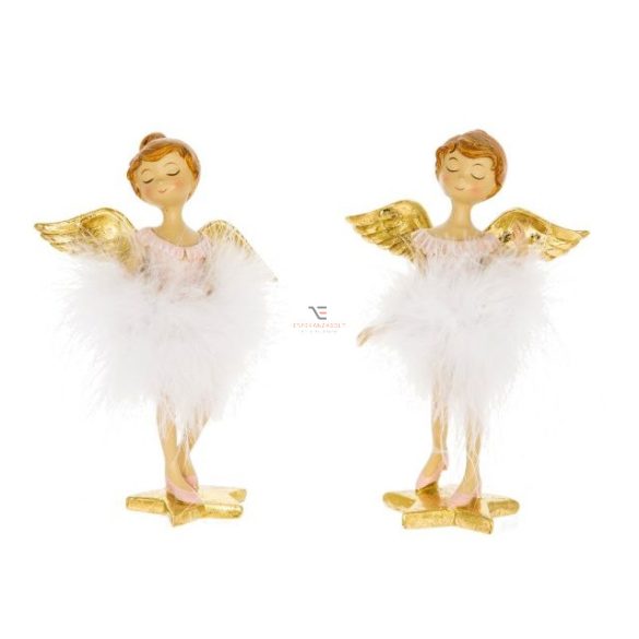 Angyal álló poly rózsaszín, arany szárny, fehér toll szoknya 12x6x18 cm 2 féle karácsonyi figura