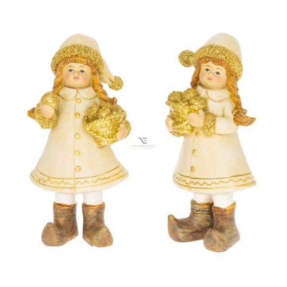 Kislány almáskosárral álló glitteres poly 7x5x14 cm arany 2 féle karácsonyi figura