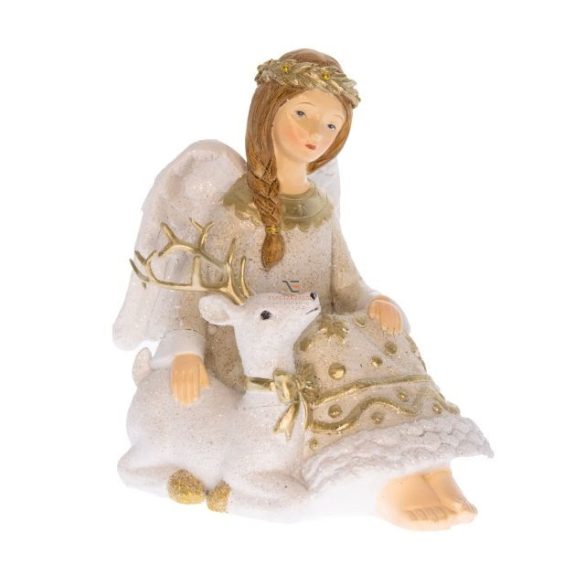 Angyal szarvassal ülő glitteres poly 12,5x15,5x17,2 cm színes karácsonyi figura